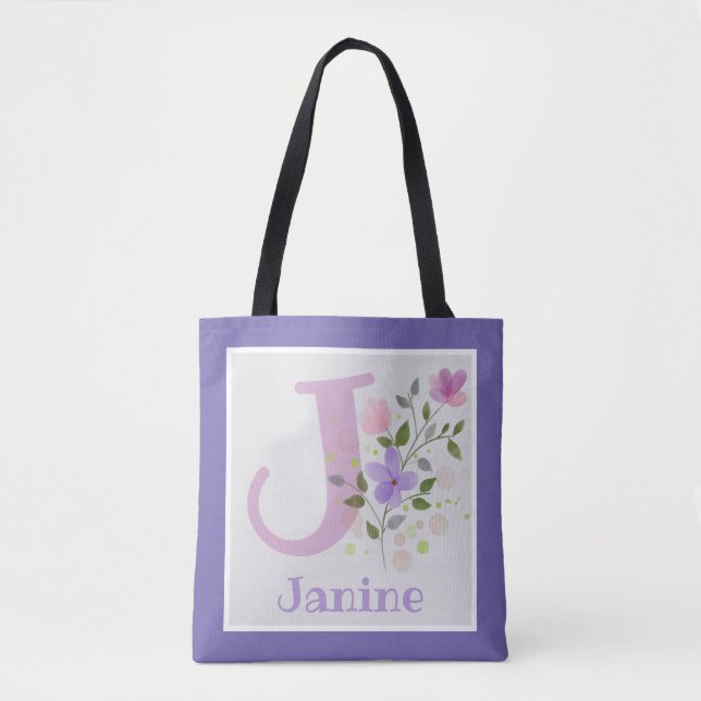 Tote Bag Premier nom initial plus Janine avec fleurs (Devant)