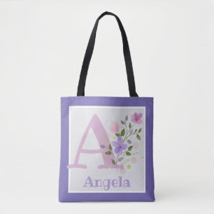 Tote Bag Première initiale plus le nom Angela avec des fleu