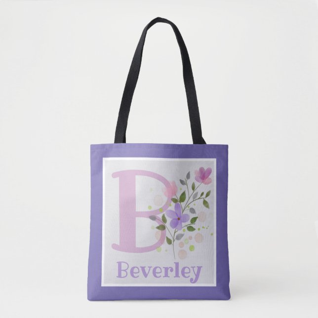 Tote Bag Première initiale plus nom Beverley avec des fleur (Devant)