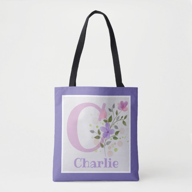 Tote Bag Première initiale plus nom Charlie avec des fleurs (Devant)