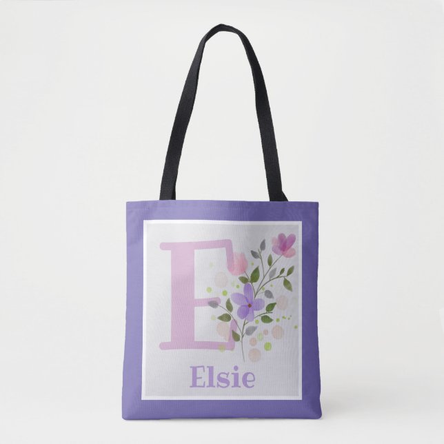 Tote Bag Première initiale plus nom Elsie avec des fleurs (Devant)