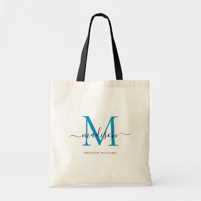 Tote Bag Préparé Bleu Clair Noir Monogramme Chic Nom de Scr (Devant)