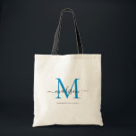 Tote Bag Preppy Bright Blue Monogram Chic Script Nom<br><div class="desc">Moderne tendance élégant classique brillant océan bleu noir Monogramme initial Nom Sac fourre-tout</div>
