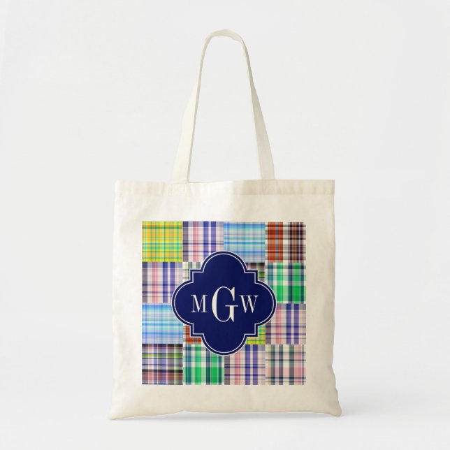 Tote Bag Preppy Patchwork Madras Navy Quatrefoil Monogramme (Devant)