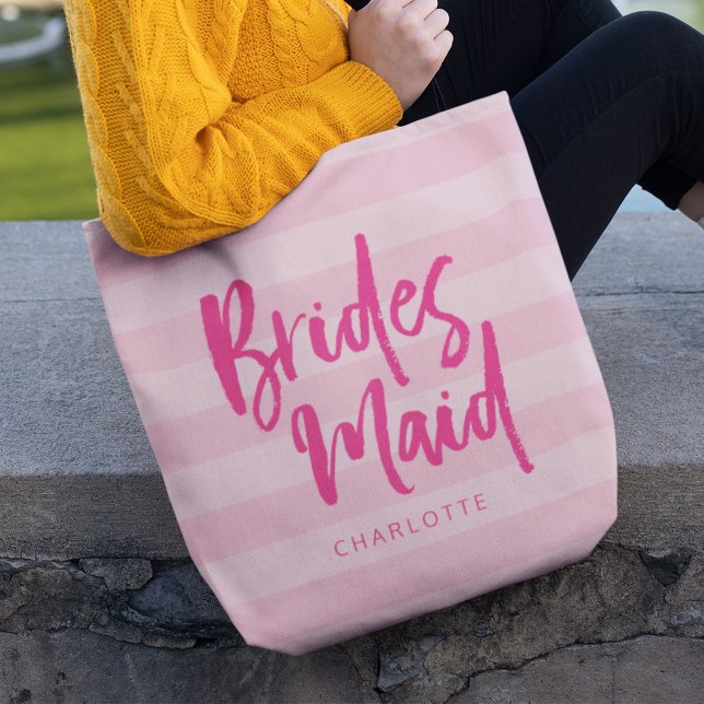 Tote Bag Preppy Pink Stripes Brush Script Bridesmaid (Créateur téléchargé)