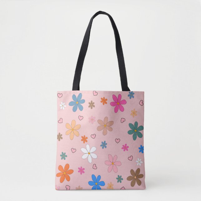 Tote Bag Préppy rose coloré Flower Heart Y2K Motif (Devant)
