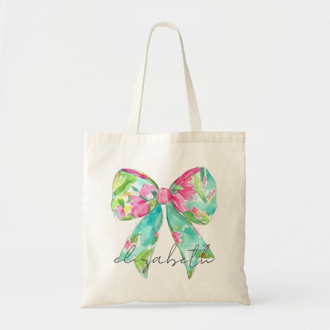 Tote Bag Preppy Rose et Green Bow Personnalisé (Devant)