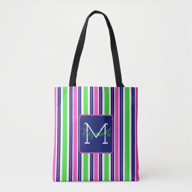 Tote Bag Preppy rose Green Navy Bleu Stripe Monogramme (Devant)