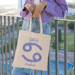 Tote Bag Pretty Cancer Astrology Sign Personalized Birthday<br><div class="desc">This pretty,  personalized purple and lavender Cancer tote bag features your astrological sign from the Zodiac in a beautiful sparkle like the constellations. Customize this cute gift with your name in beautiful cursive script for someone with a late June or early July birthday.</div>