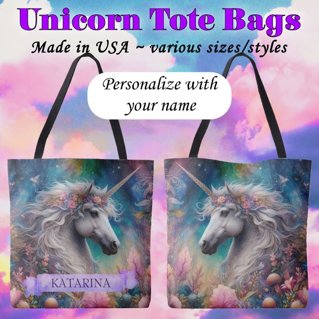 Tote Bag Pretty Floral Whimsical Unicorn Custom Name (Créateur téléchargé)