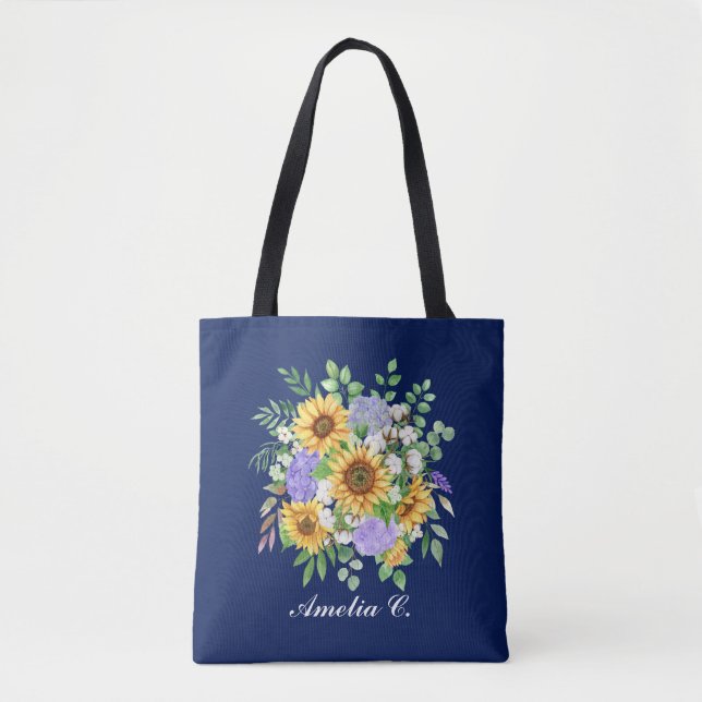 Tote Bag Pretty Modern Navy Sunflower & Wildflowers Design (Devant)