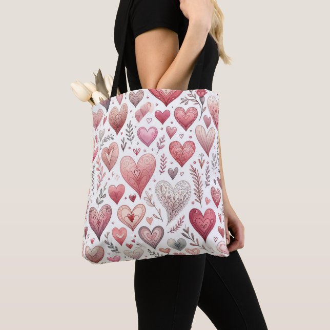Tote Bag Pretty Pink and Red Hearts Imprimer Saint-Valentin (De près)