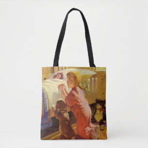 Tote Bag Prières du coucher, fille avec chiot, religion vin