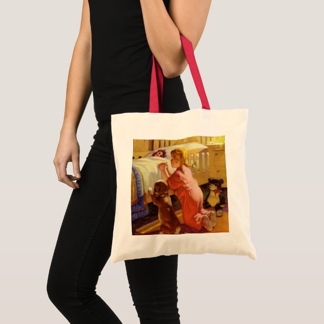 Tote Bag Prières du coucher, Fille avec chiot, Religion vin (Devant (produit))