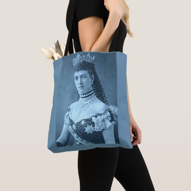 Tote Bag Princesse Alexandra du Danemark en imprimé bleu (De près)