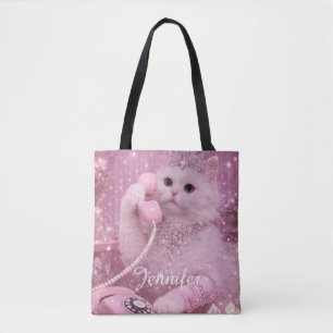 Tote Bag Princesse Glamour Chat Utilisant le Téléphone
