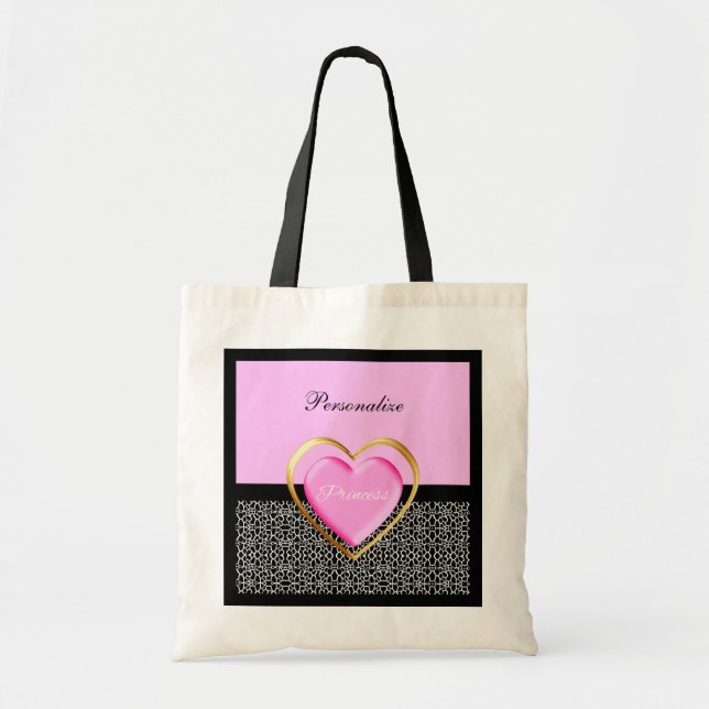 Tote Bag Princesse noire rose Girly Giraffe Print et nom (Devant)