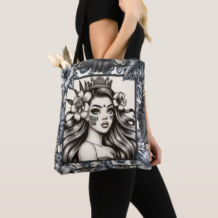 Tote Bag Princesse Polynésienne Fleurs Tribales Bleues