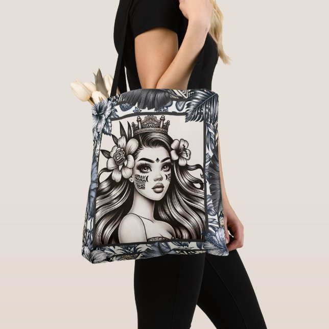 Tote Bag Princesse Polynésienne Fleurs Tribales Bleues (De près)