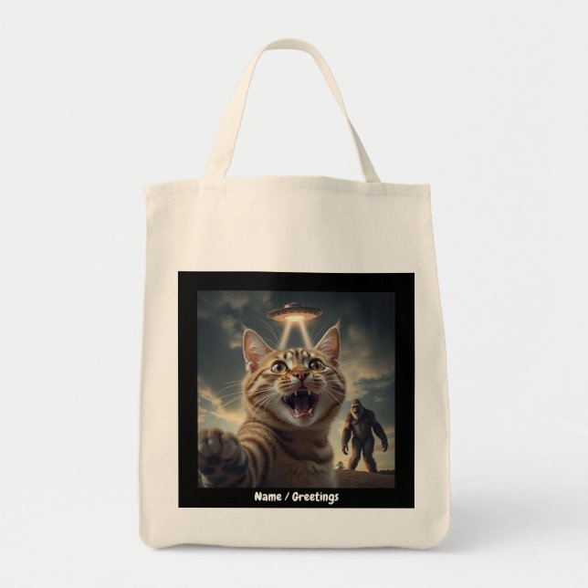 Tote Bag Prise de Selfie Chat avec OVNI et Bigfoot Drôle ca (Devant)