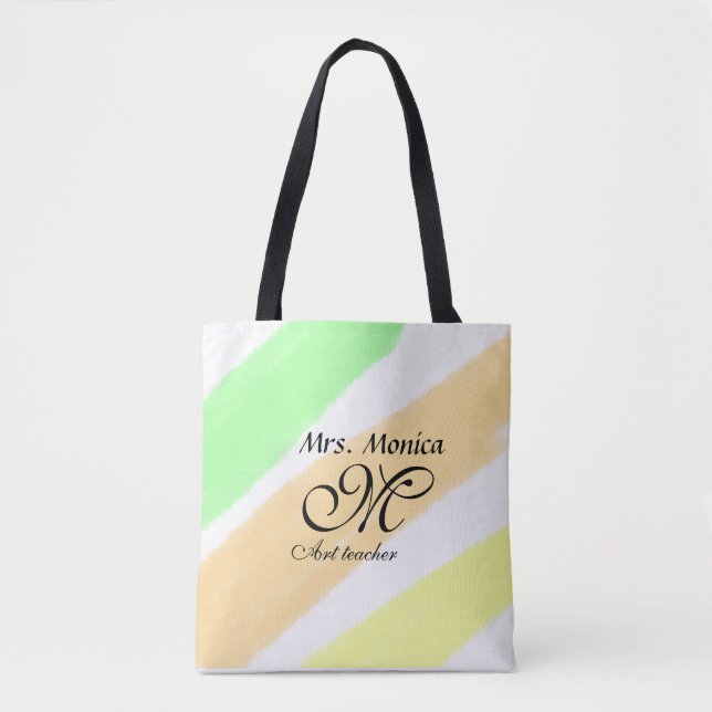 Tote Bag professeur d'art jaune vert rayures aquarelle nom (Devant)