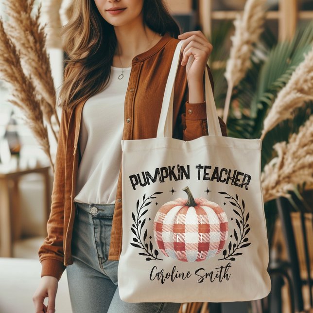 Tote Bag Professeur de citrouille personnalisé fourre-tout, (personalized tote bag, checkered pumpkin tote, Halloween vibes, Halloween tote bag, teacher gift, )