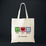 Tote Bag Professeur de science Peace Love personnalisé<br><div class="desc">Un cadeau cool pour un professeur de sciences,  un scientifique,  ou juste un geek qui aime apprendre comment le monde fonctionne. Cute Peace Love Science design avec un signe de paix,  le coeur et le modèle atome.</div>