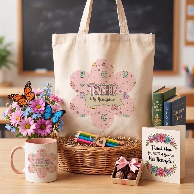 Tote Bag Professeur lettres roses motif scolaire  (Créateur téléchargé)