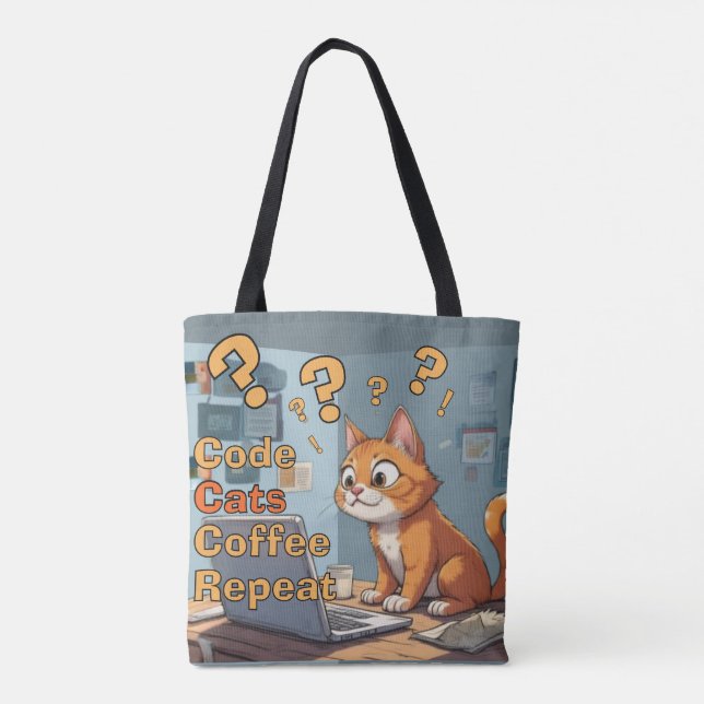 Tote Bag Programmeur Chat Humour Code, Chats, Café – Répéte (Dos)