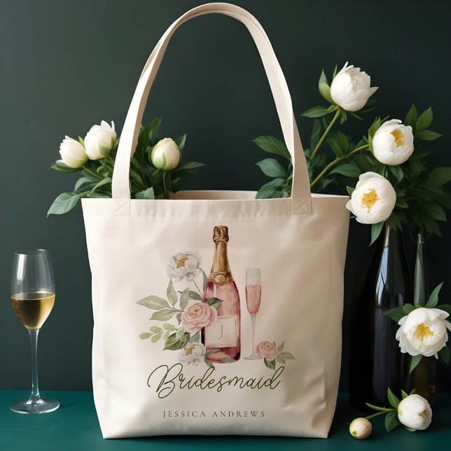 Tote Bag Prosecco Pétillant Aquarelle Floral Demoiselle d'H (Prosecco Bubbly Watercolor Floral Bridesmaid Tote Bag)