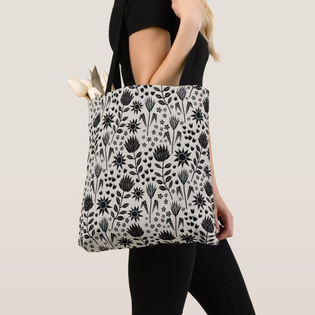 Tote Bag Protea Floral Block Print Millefleur noir lin (De près)