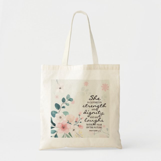 Tote Bag Proverbes 31:25 Elle est habillée en force (Devant)
