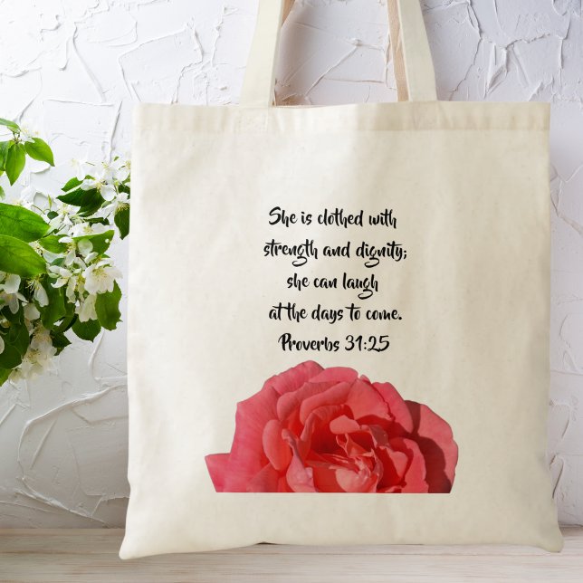 Tote Bag Proverbes 31:25 Rose de la Bible personnalisée (Créateur téléchargé)