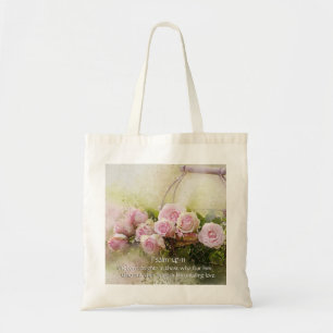 Tote Bag Psaume 147:11, Verse biblique, Panier de roses ros