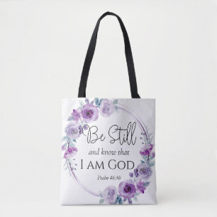 Tote Bag Psaume 46:10 Be Still and Know Purple Floral