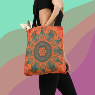 Tote Bag Psychédélic Hippie Teal Orange and Red