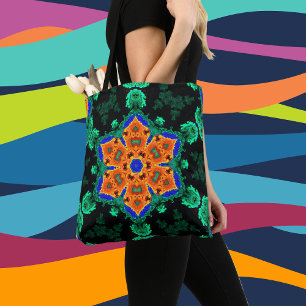 Tote Bag Psychédélique Hippie Fleur Orange et Turquoise