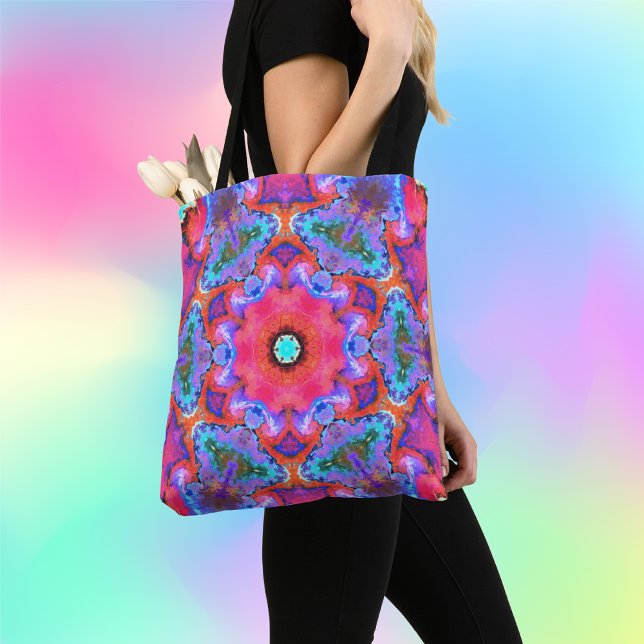 Tote Bag Psychédélique Hippie Fleur rose bleu et orange (Créateur téléchargé)
