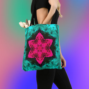Tote Bag Psychédélique Hippie Fleur rose et Turquoise