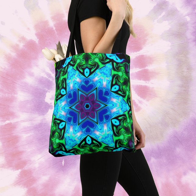 Tote Bag Psychédélique Mandala Fleur bleu pourpre et vert (Créateur téléchargé)