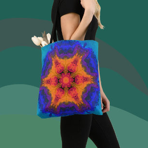 Tote Bag Psychédélique Mandala Fleur orange rouge et bleu