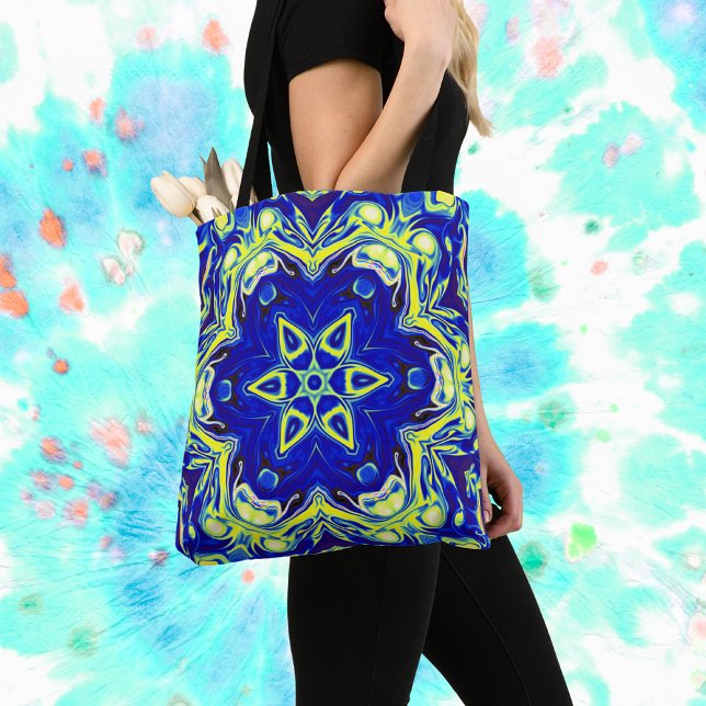 Tote Bag Psychédélique Mandala Flower bleu et jaune (Créateur téléchargé)