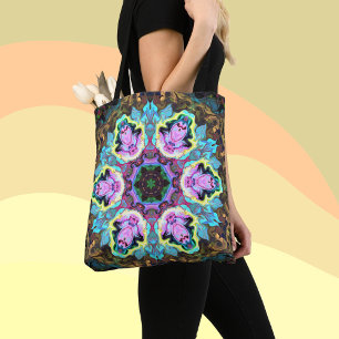 Tote Bag Psychédélique Mandala Flower bleu jaune et rose