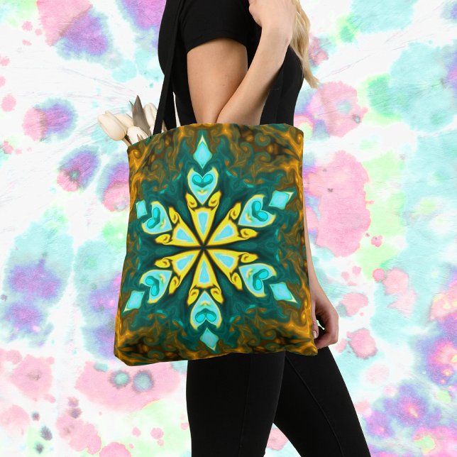 Tote Bag Psychédélique Mandala Flower Turquoise et jaune (Créateur téléchargé)