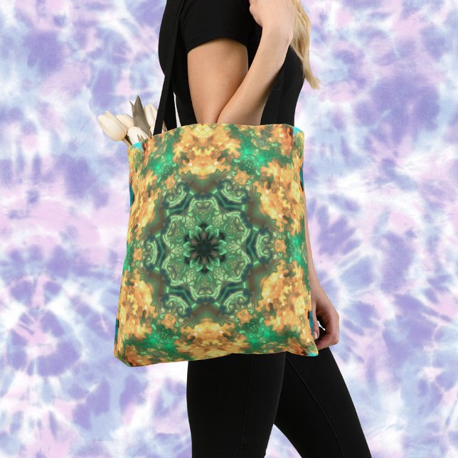 Tote Bag Psychédélique Mandala Flower vert et jaune (Créateur téléchargé)