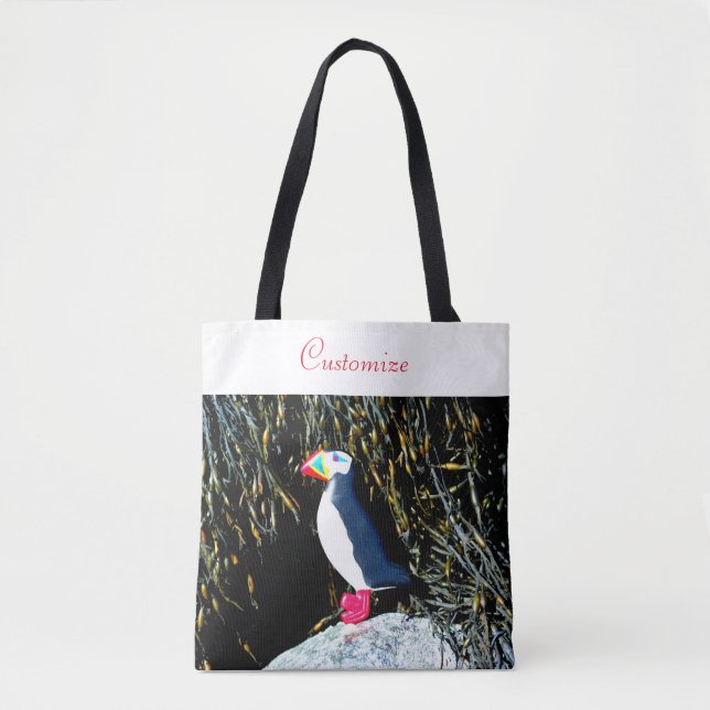 Tote Bag puffin d'art populaire sur rocher (Devant)