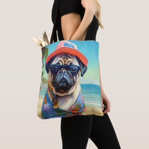Tote Bag Pug sur la plage, cadeau d'été pour amateur de chi
