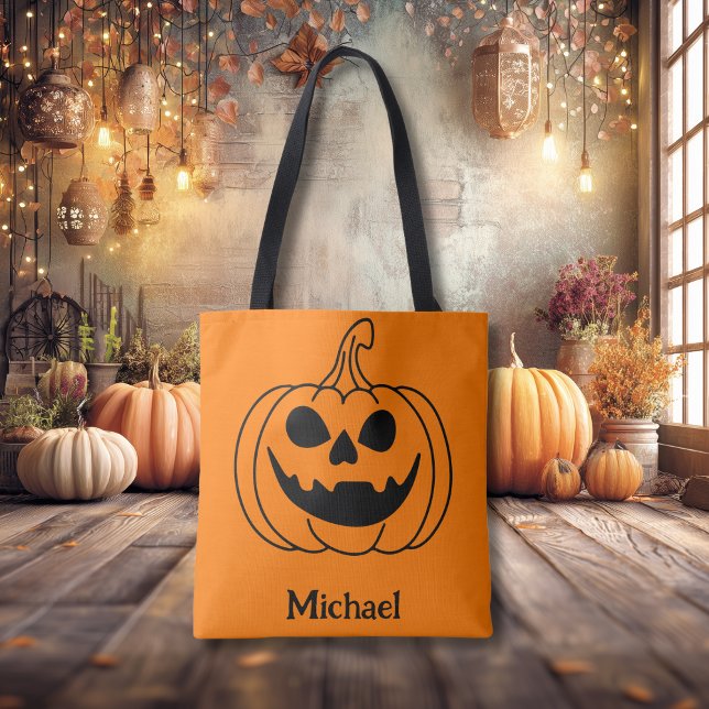 Tote Bag Pumpkin Face Jack O Lantern With Name (Créateur téléchargé)