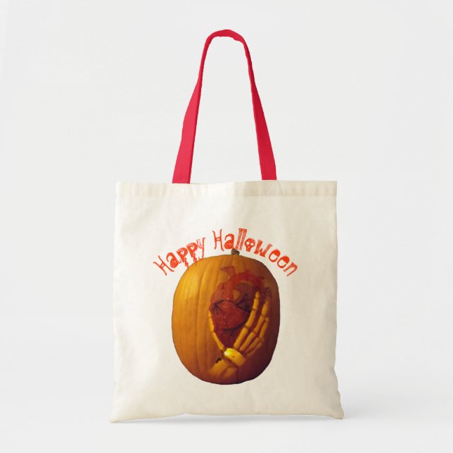 Tote Bag Pumpkin, Heart in Skeleton Hand (Devant)
