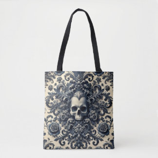 Tote Bag Punk baroque - Crâne gothique Damas Floral